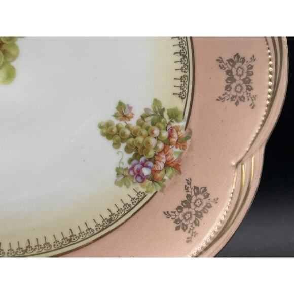 Antique German Porcelain Bowl Grapes Gold Trim Pink Rim Scalloped 12" - Picture 5 of 11